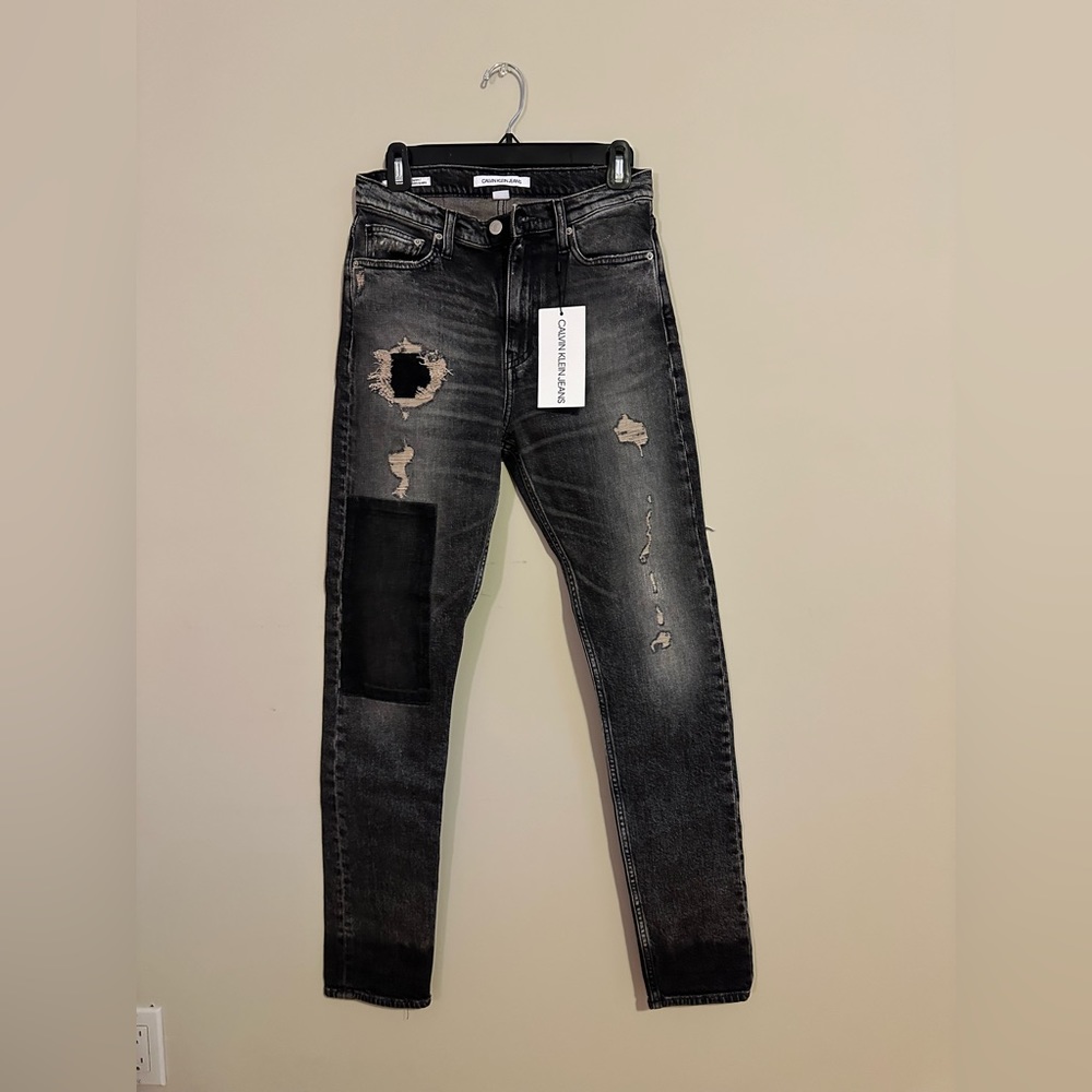 Calvin Klein High Rise Black Wash Denim with Distress and Patchwork